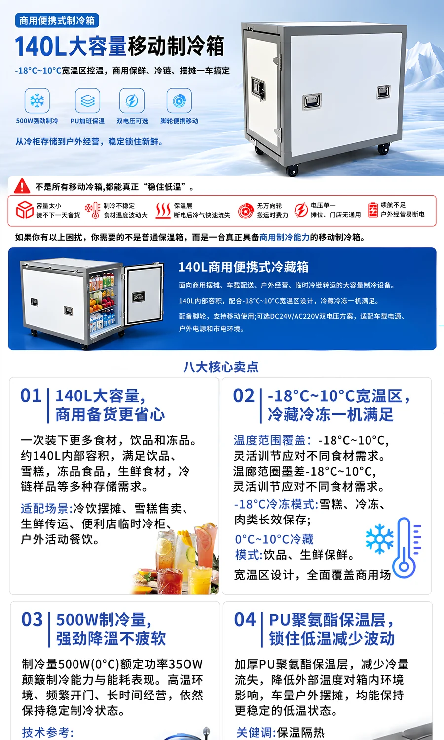 140L 款产品彩页（卖点与温区说明）